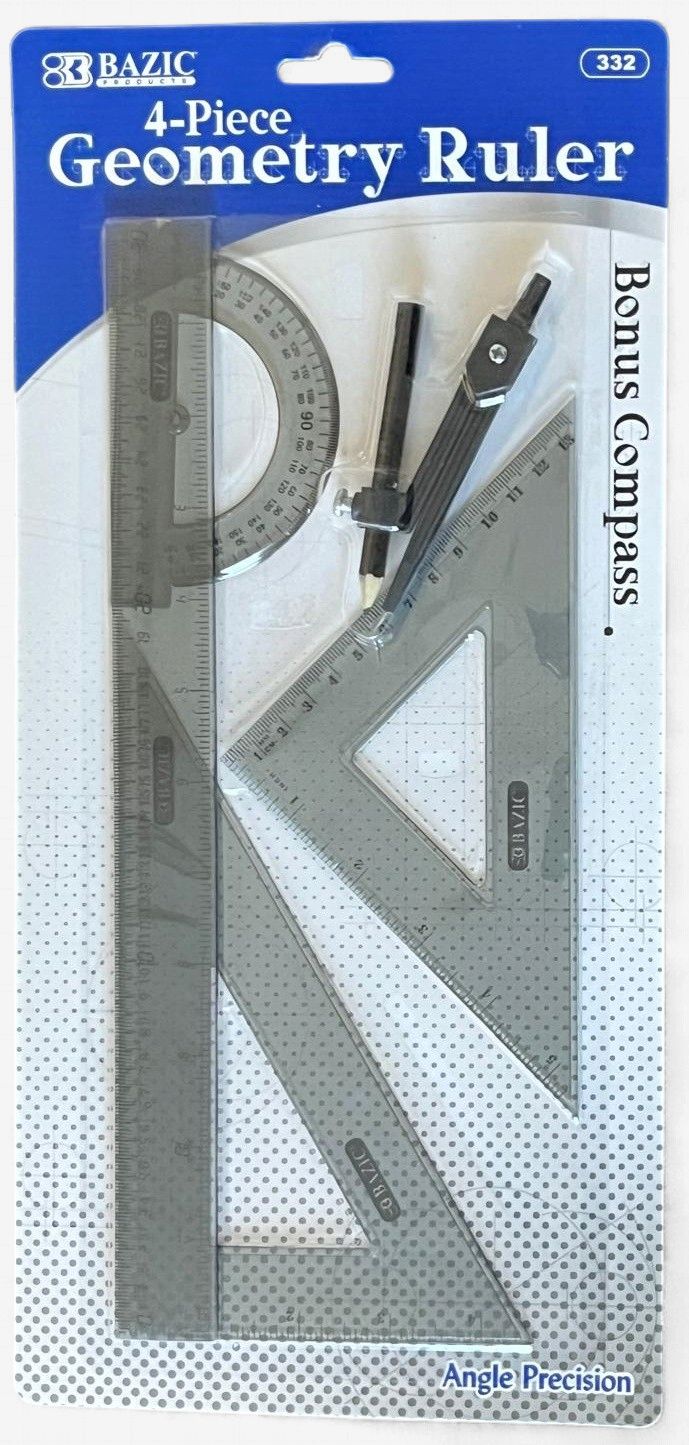 BAZIC #332 4-PIECE GEOMETRY RULER BONUS COMPASS