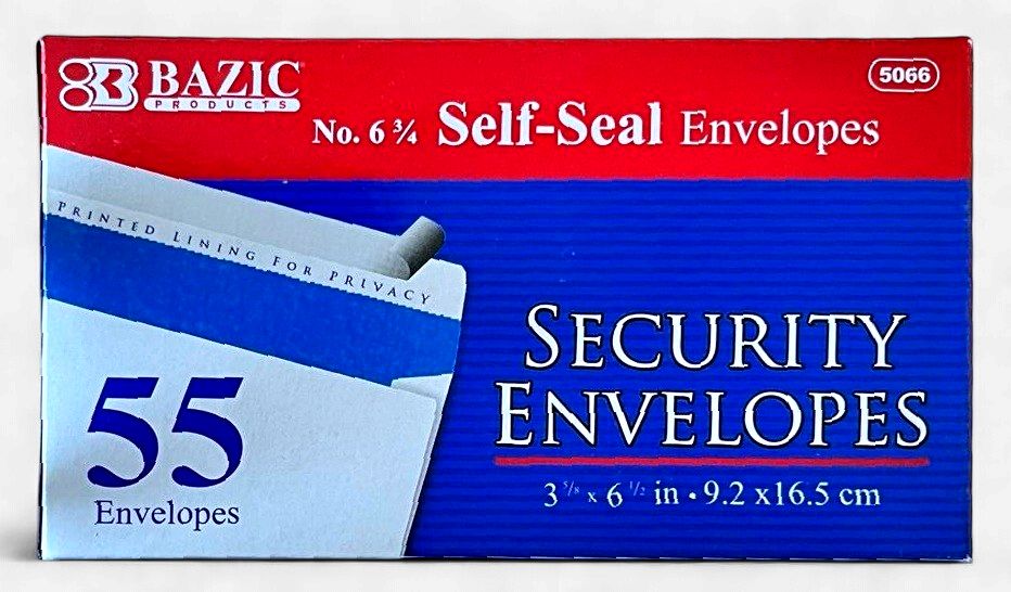 BAZIC #5066 NO.6 3/4 SELF-SEAL SECURITY ENVELOPES (55 PACK)
