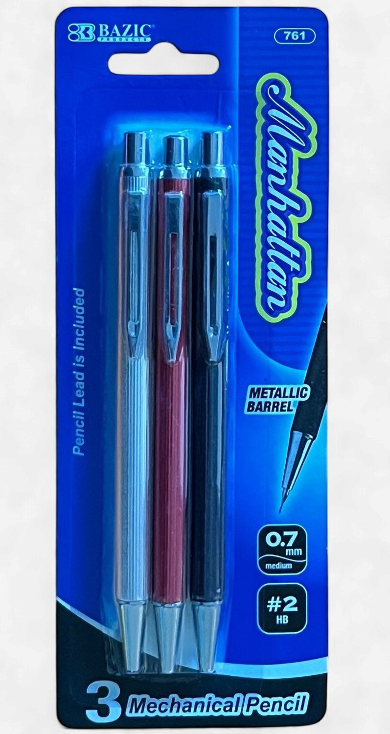 BAZIC #761 MANHATTAN MECHANICAL PENCIL 0.7MM MEDIUM #2HB (3PACK)
