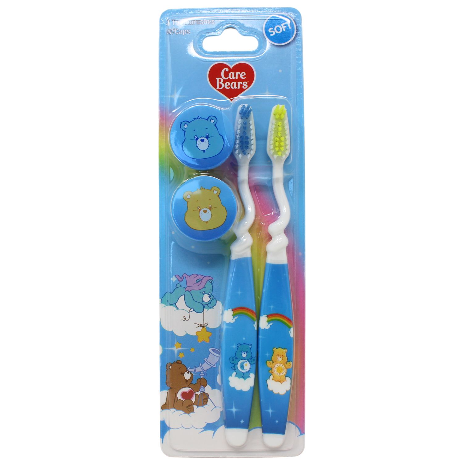 CARE BEARS KIDS BLUE TOOTHBRUSHS SOFT + CAPS (2PACK)