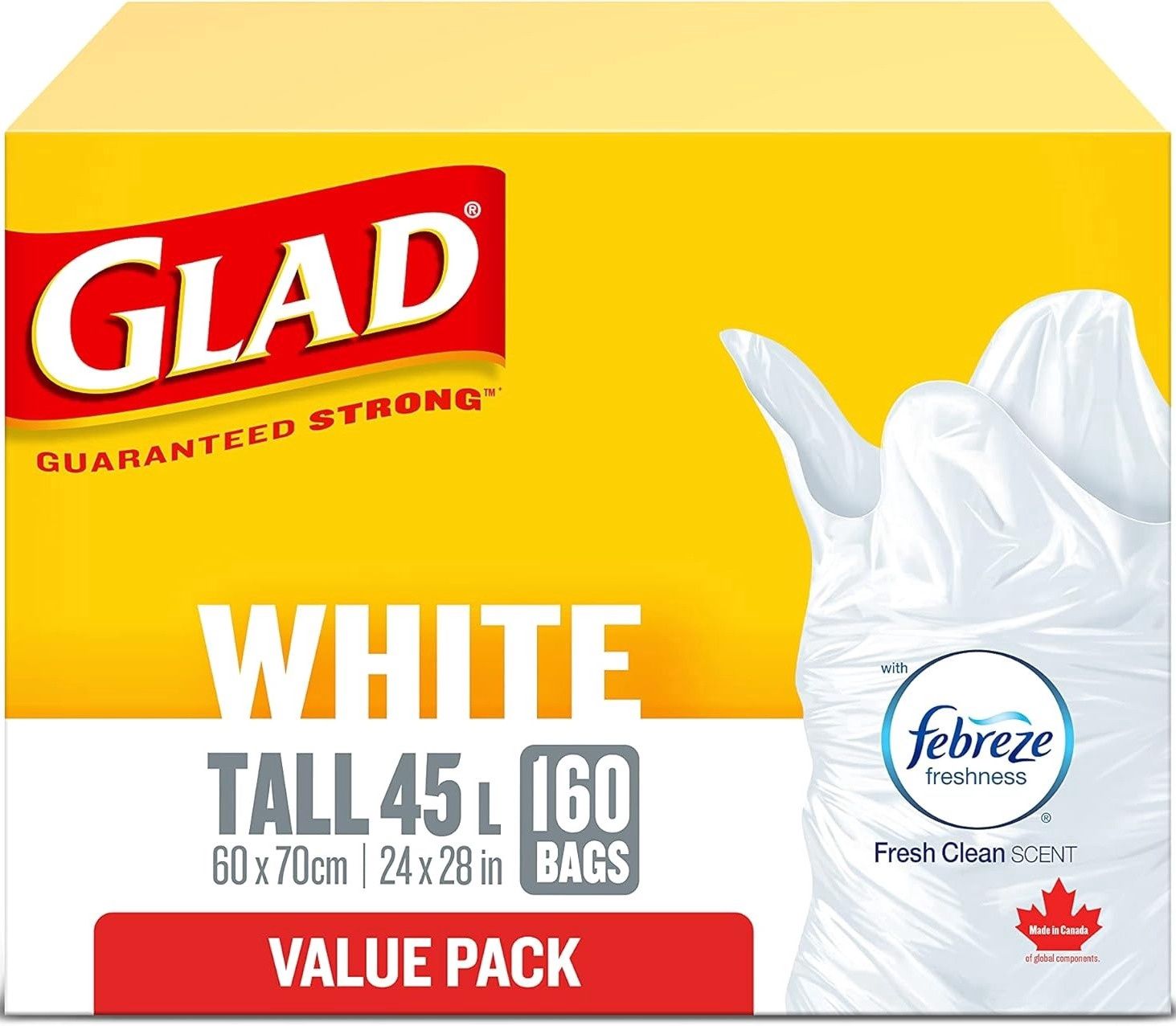 GLAD WHITE FEBREZE TALL 45L 160BAGS (VALUE PACK)