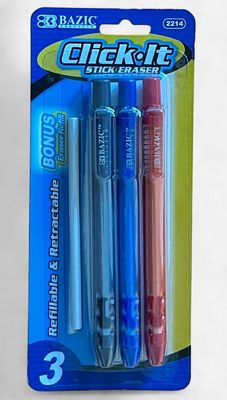 BAZIC #2214 CLICK-IT STICK ERASER REFILLABLE &amp; RETRACTABLE (3PACK)