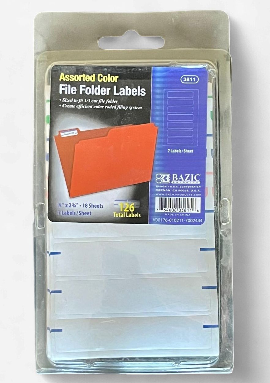 BAZIC #3811 ASSORTED COLOR FILE FOLDER LABELS (126 PACK)