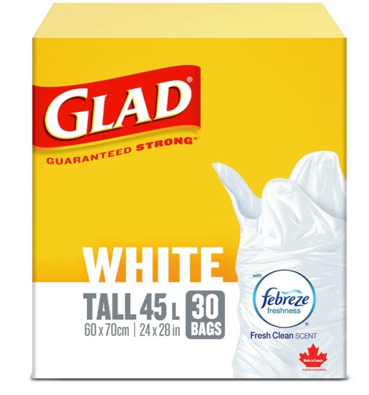 GLAD WHITE FEBREZE FRESH CLEAN SCENT 30 BAGS TALL 45L