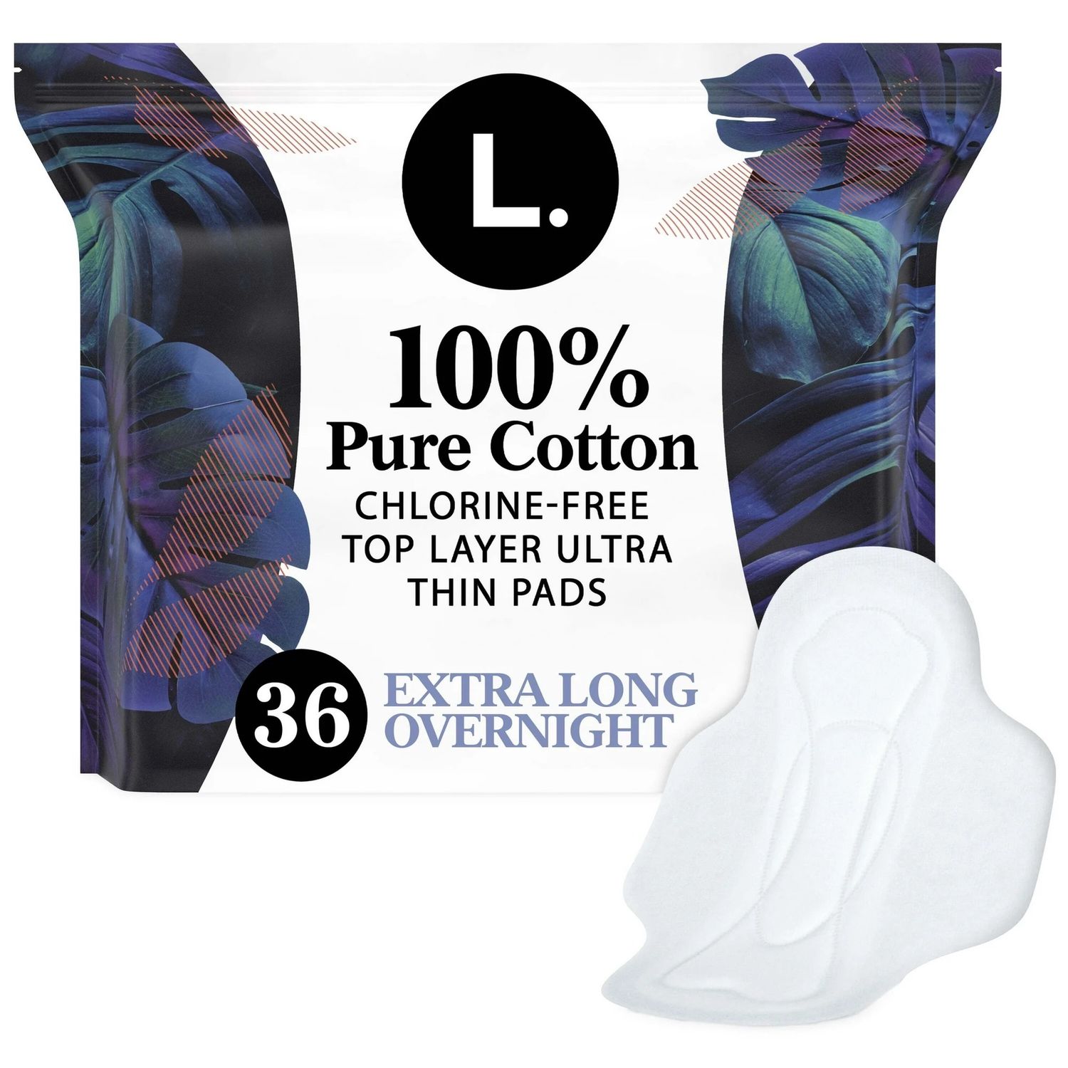 L. PURE 100% COTTON EXTRA LONG OVERNIGHT WINGS 36 PADS