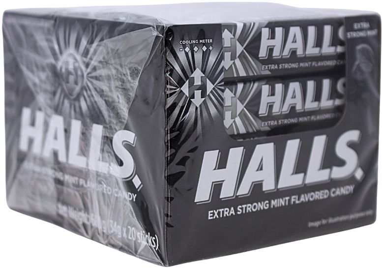 HALLS EXTRA STRONG MINT FLAVORED CANDY 34G (BOX OF 20 STICKS)