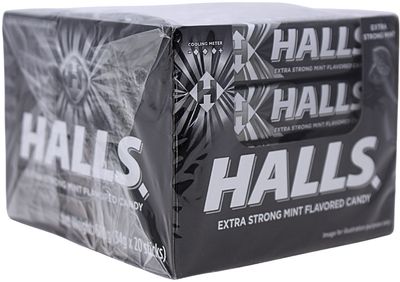 HALLS EXTRA STRONG MINT FLAVORED CANDY 34G (BOX OF 20 STICKS)