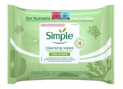 SIMPLE FACIAL WIPES KIND TO SKIN REMOVES WATERPROOF MASCARA 25'S