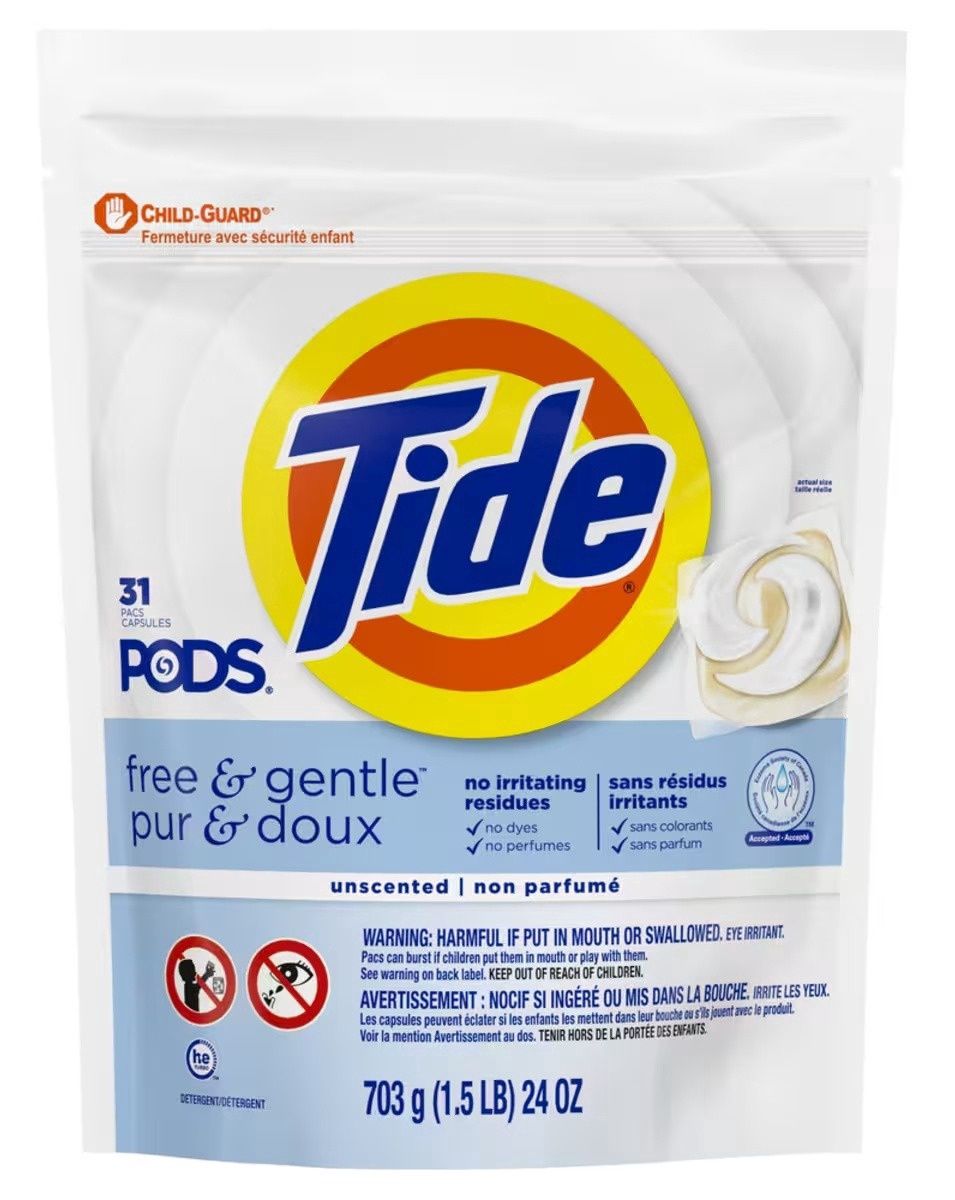 TIDE PODS FREE &amp; GENTLE UNSCENTED 31PACS
