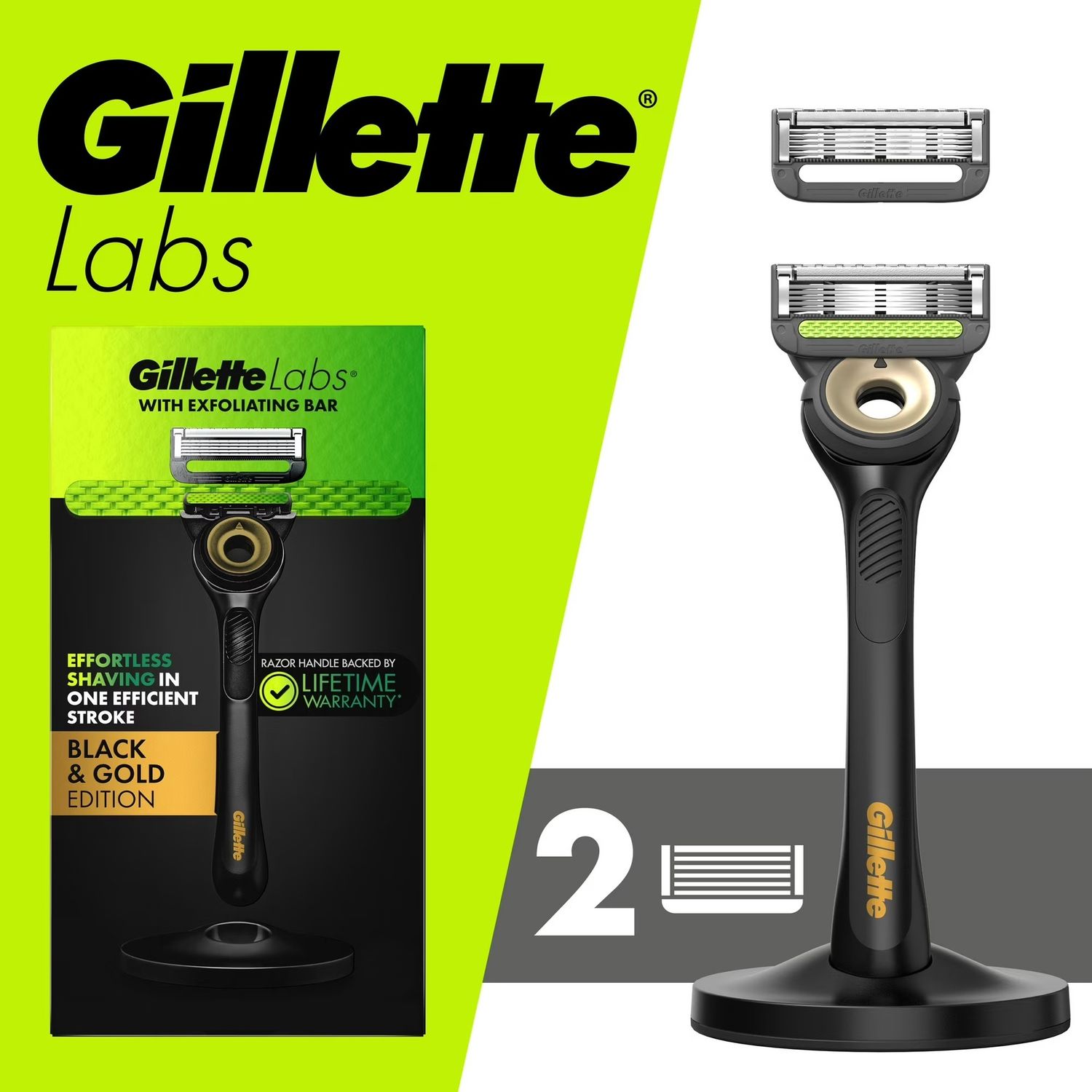 GILLETTE LABS 1RAZOR + 2CARTRIDGES + 1STAND (BLACK &amp; GOLD)