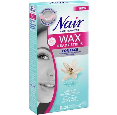 NAIR HAIR REMOVER FOR FACE UNSCENTED 24 WAX STRIPS + 2 WIPES