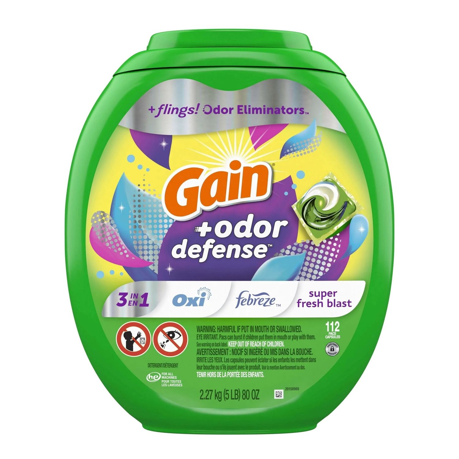 GAIN FLINGS! + ODOR DEFENSE 2.27KG 3-IN-1 SUPER FRESH BLAST 112'S (TUB)