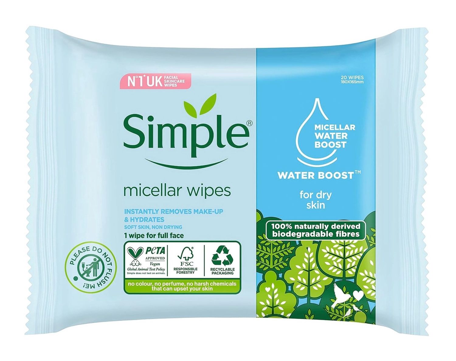 SIMPLE FACIAL WIPES MICELLAR WATER BOOST 20'S