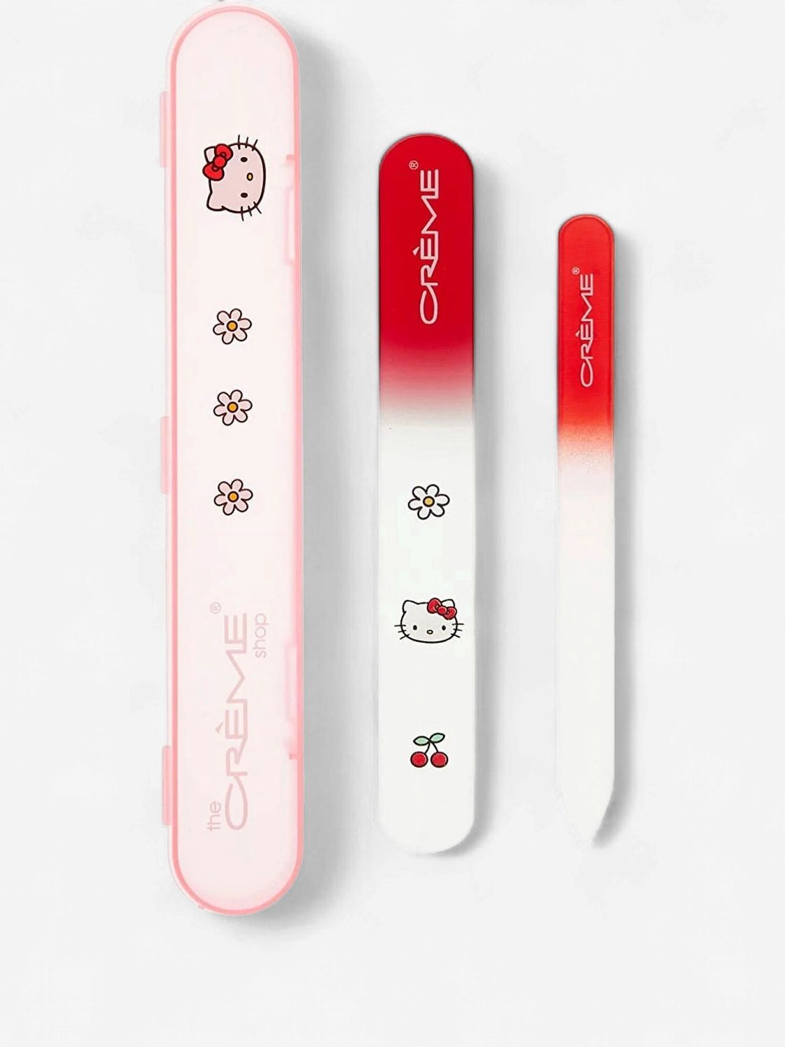 THE CREME SHOP HELLO KITTY PREMIUM GLASS NAIL FILE SET (2 GLASS FILES + TRAVEL CASE) CHERRY