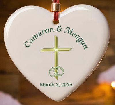Personalized Newlywed Ornament: Christian Keepsake, Ceramic with Cross
