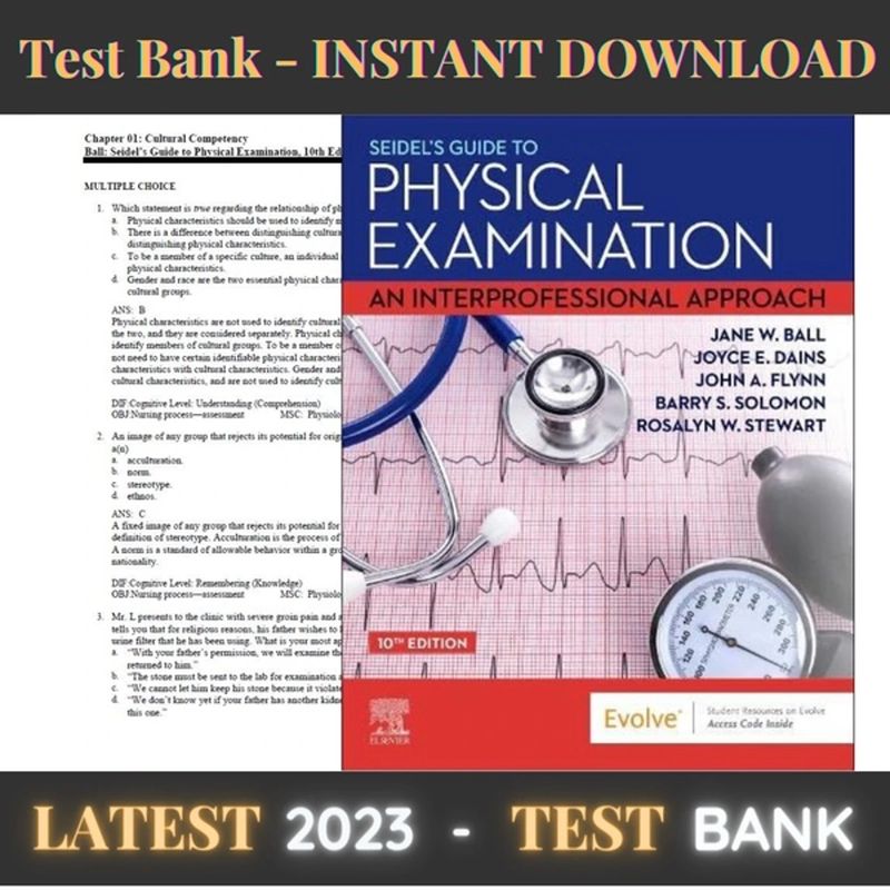 test bank for Seidel's Guide to Physical Examination An Interprofessional Approach 10th Edition by Jane Test Bank