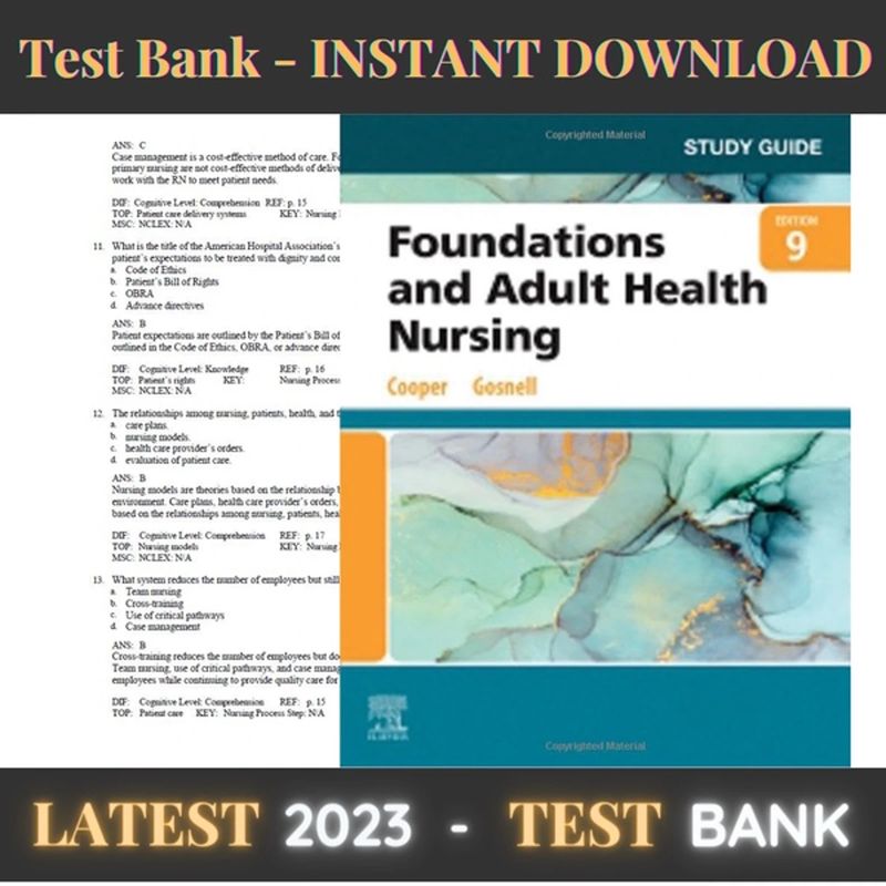 TEST BANK FOR FOUNDATIONS AND ADULT HEALTHNURSING 9TH  EDITION