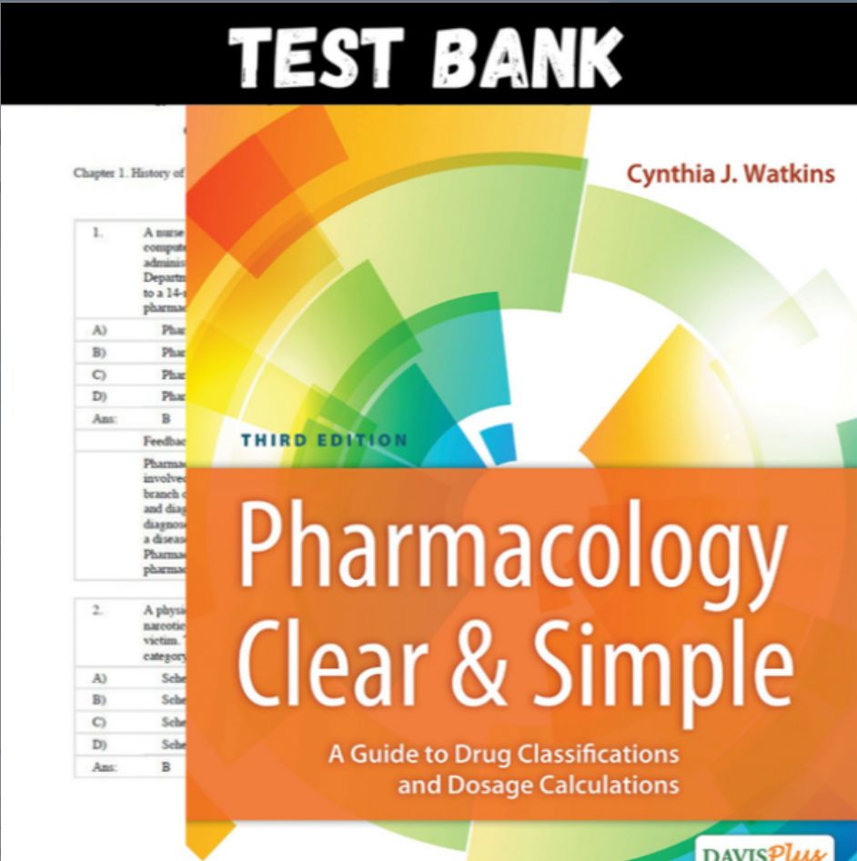 Test Bank for Pharmacology Clear and Simple: A Guide to Drug 3rd Edition by Cynthia J. Watkins | All Chapters PDF Instant Download