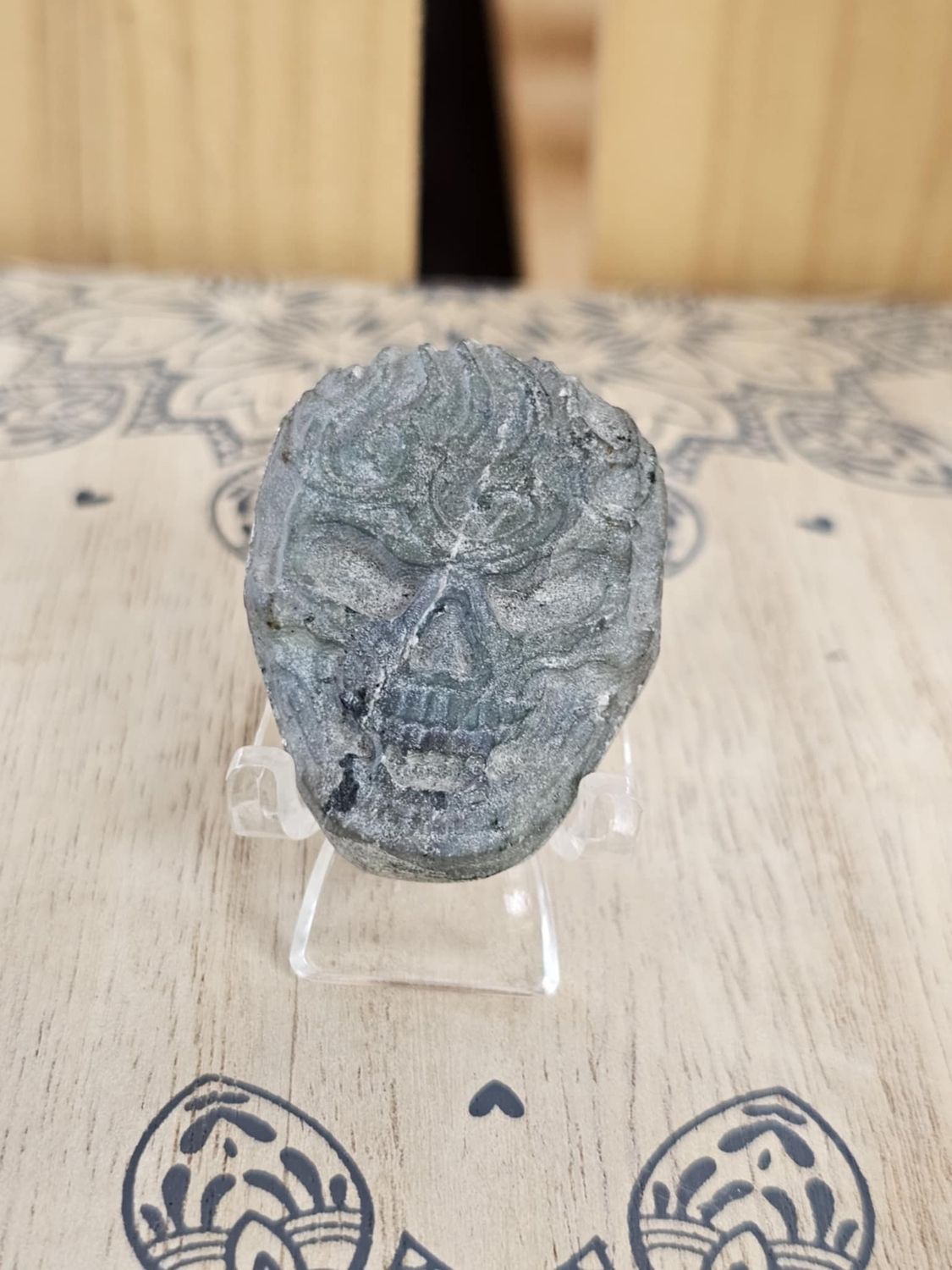 Flaming Skull with Stand - Matte Labradorite