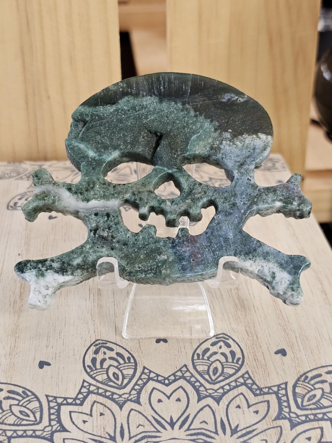 Skull and Cross Bones Carving - Moss Agate