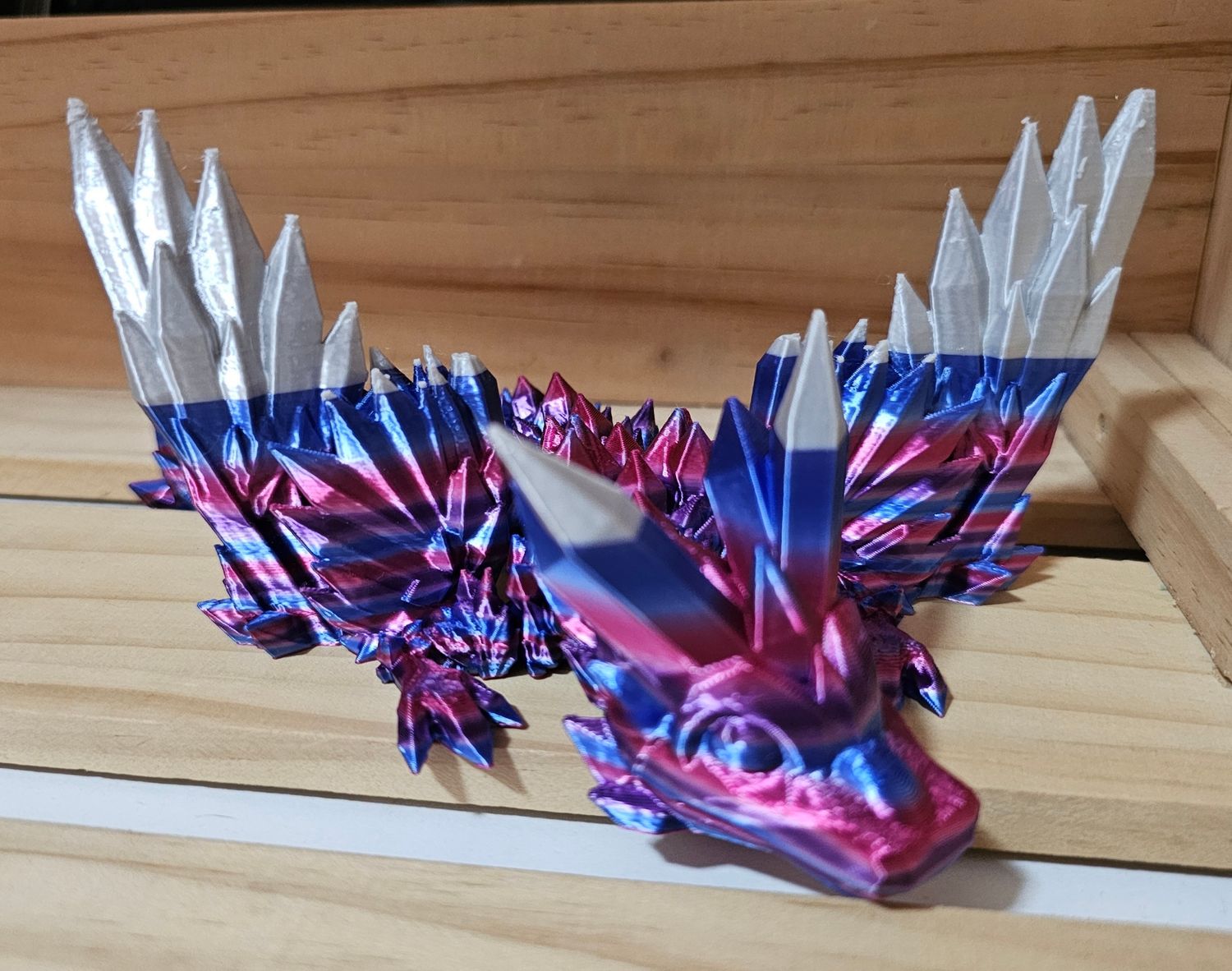 3D Printed Crystal Dragon with Wings - Large - Dark Rainbow with Silver Tips