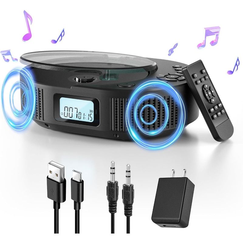 2-in-1 Portable CD Player &amp; Bluetooth Speaker, Rechargeable with Remote, FM Radio, Headphone Jack - Perfect for Car/Home