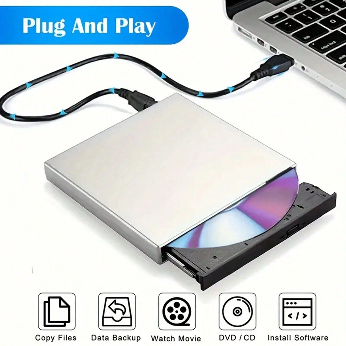 External CD/DVD Drive For Laptop, Portable Slim USB 2.0 CD/DVD Burner, CD/DVD+/-RW ROM Optical Drive For Laptop