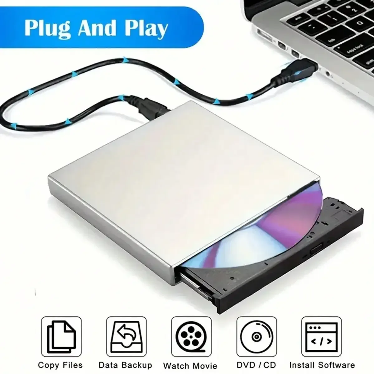 Laptop external CD/DVD drive, portable ultra-thin USB 2.0 CD/DVD burner, laptop CD/DVD+/- RW ROM disc drive