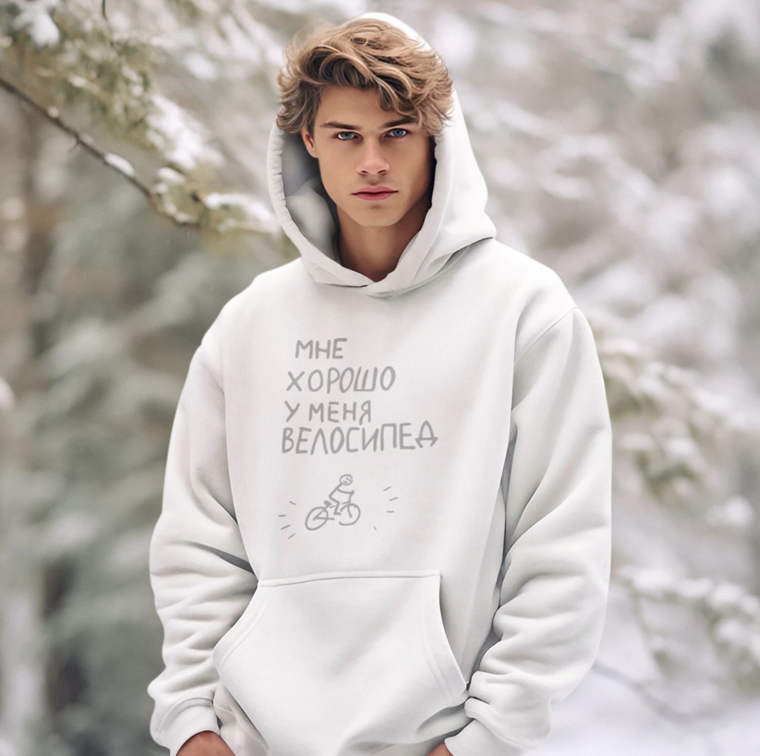 Men&#39;s hoodie, White, &quot;Happy&quot; RU