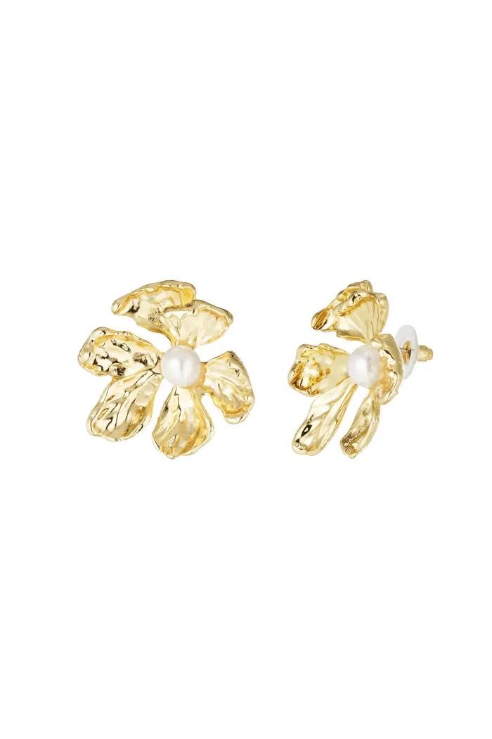 Gouden roestvrij oorbellen pearl flower in stainless steel