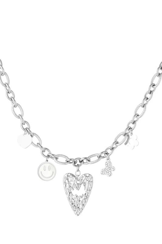 Zilveren schakel ketting met hartjes, roestvrijstaal, waterproof
