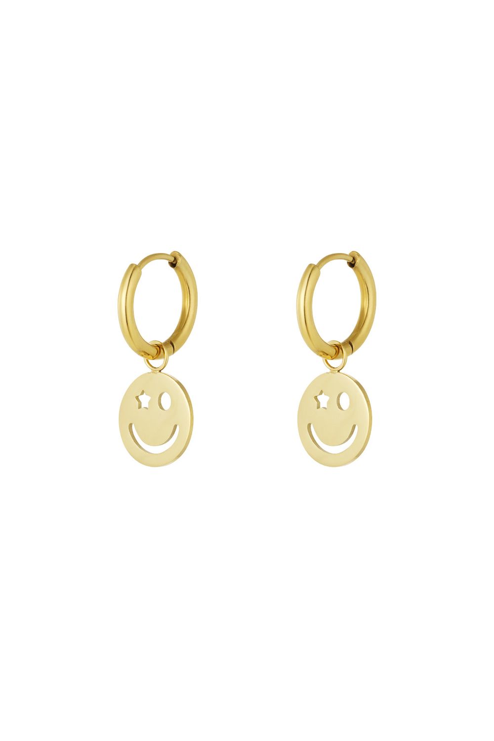 gouden smiley oorbellen stainless steel, kleurvast