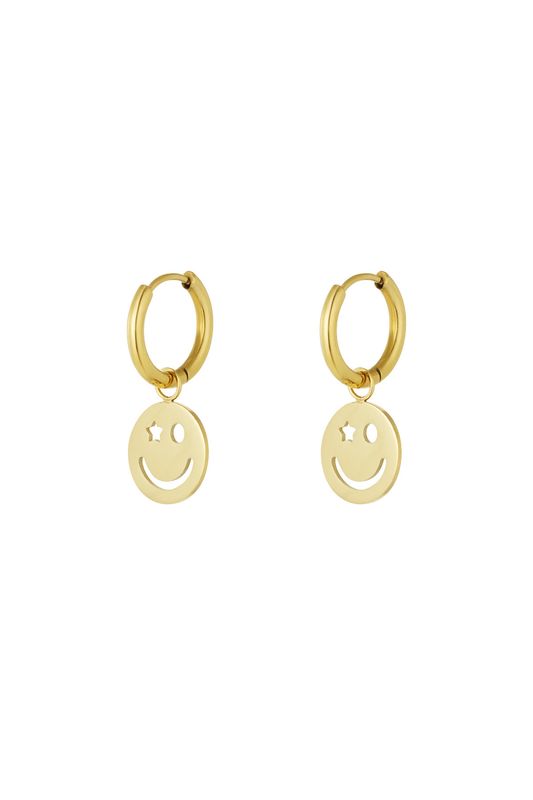 gouden smiley oorbellen stainless steel, kleurvast