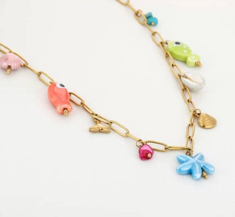 Gouden schakelketting met strand bedels, stainless steel, waterproof