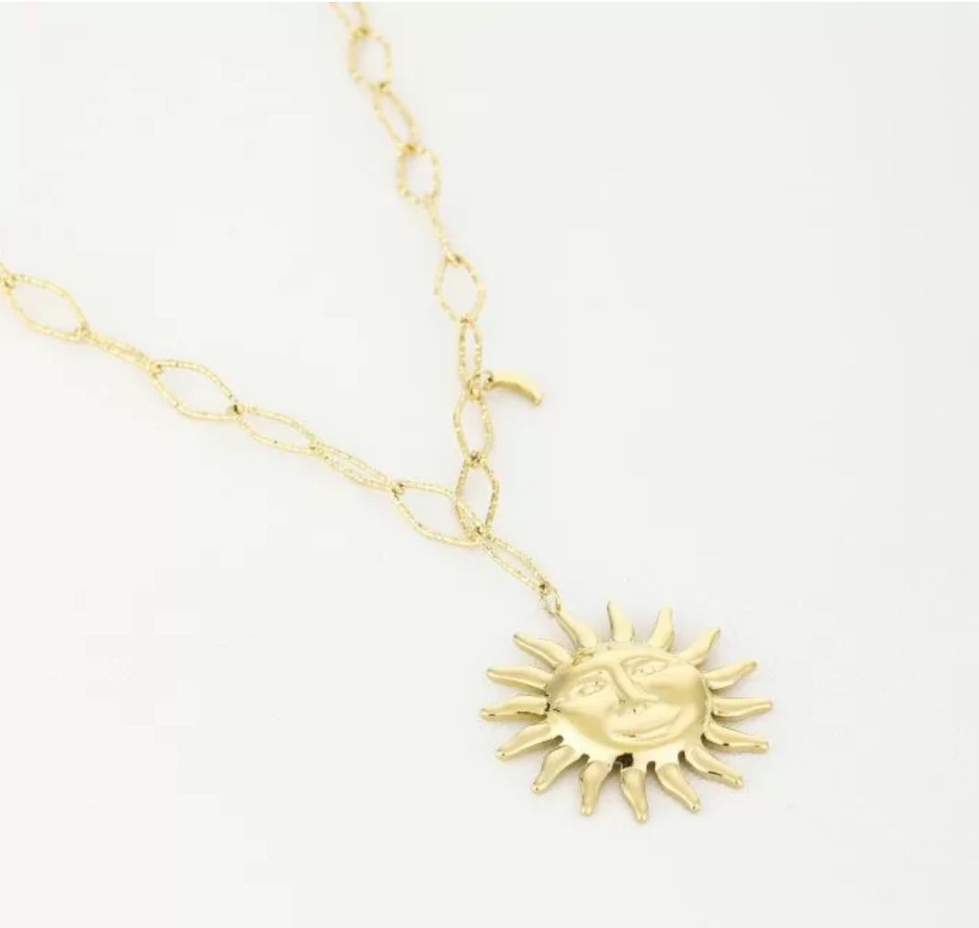 Lange gouden schakel ketting met zon stainless steel, waterproof