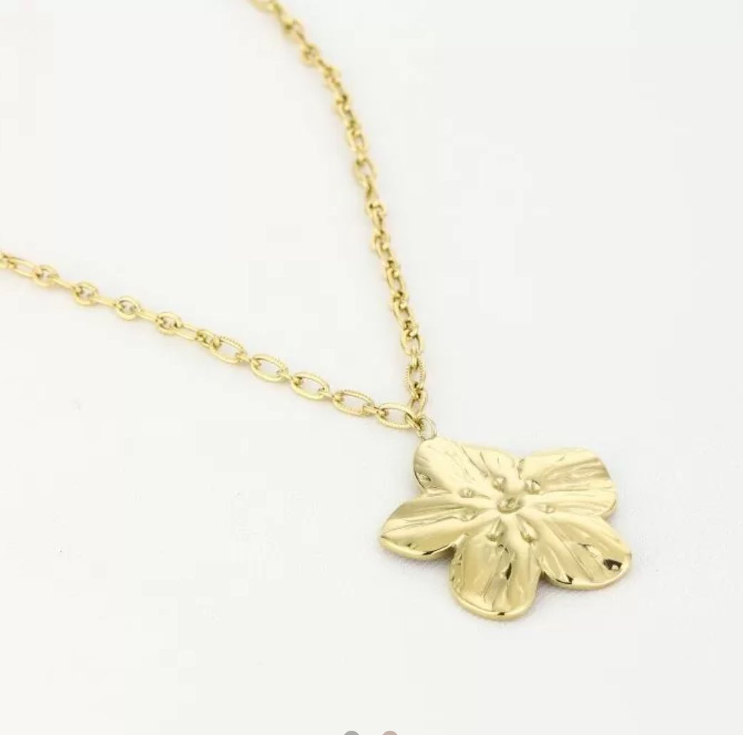 Gouden lange ketting met bloem roestvrij staal, waterproof