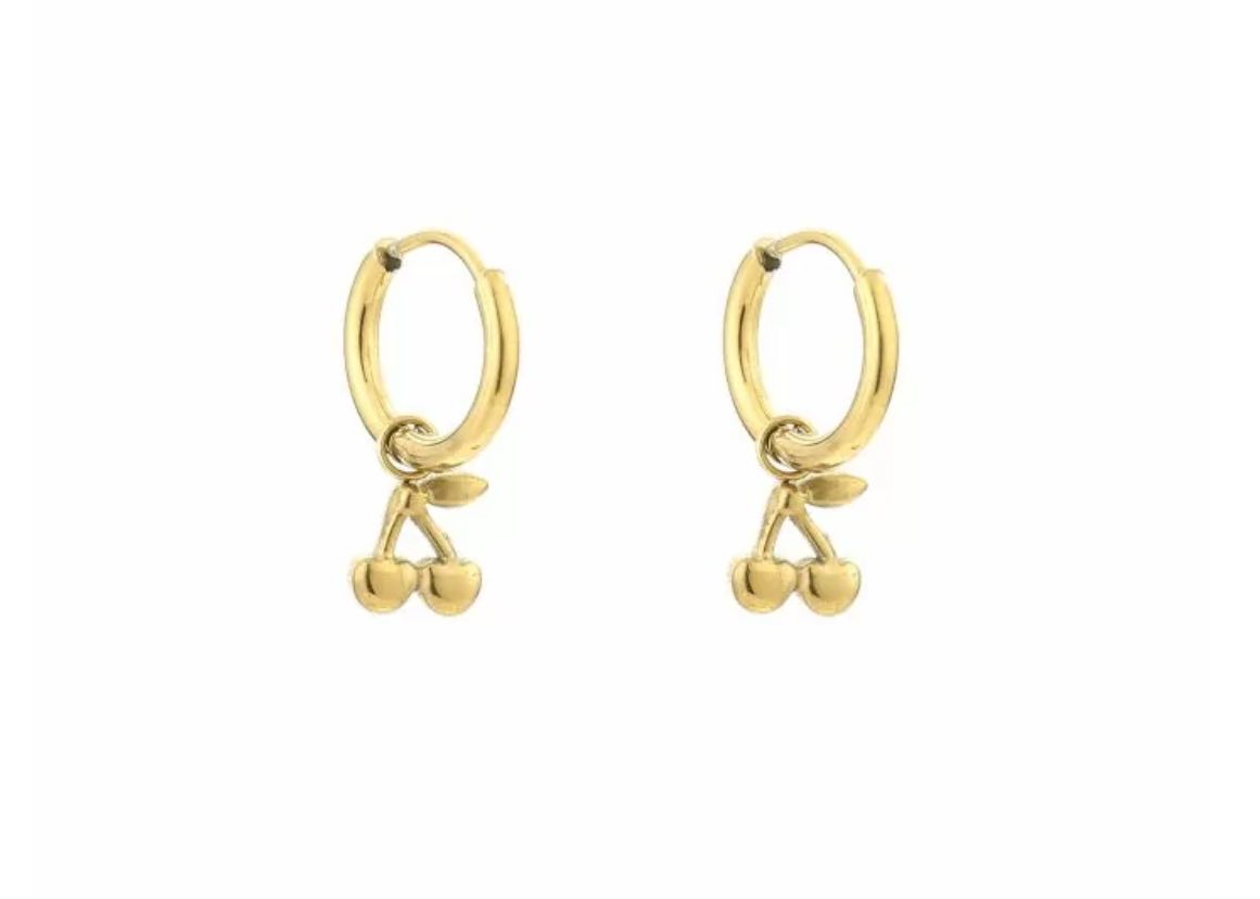 Gouden kers oorbellen, stainless steel, waterproof en kleurvast
