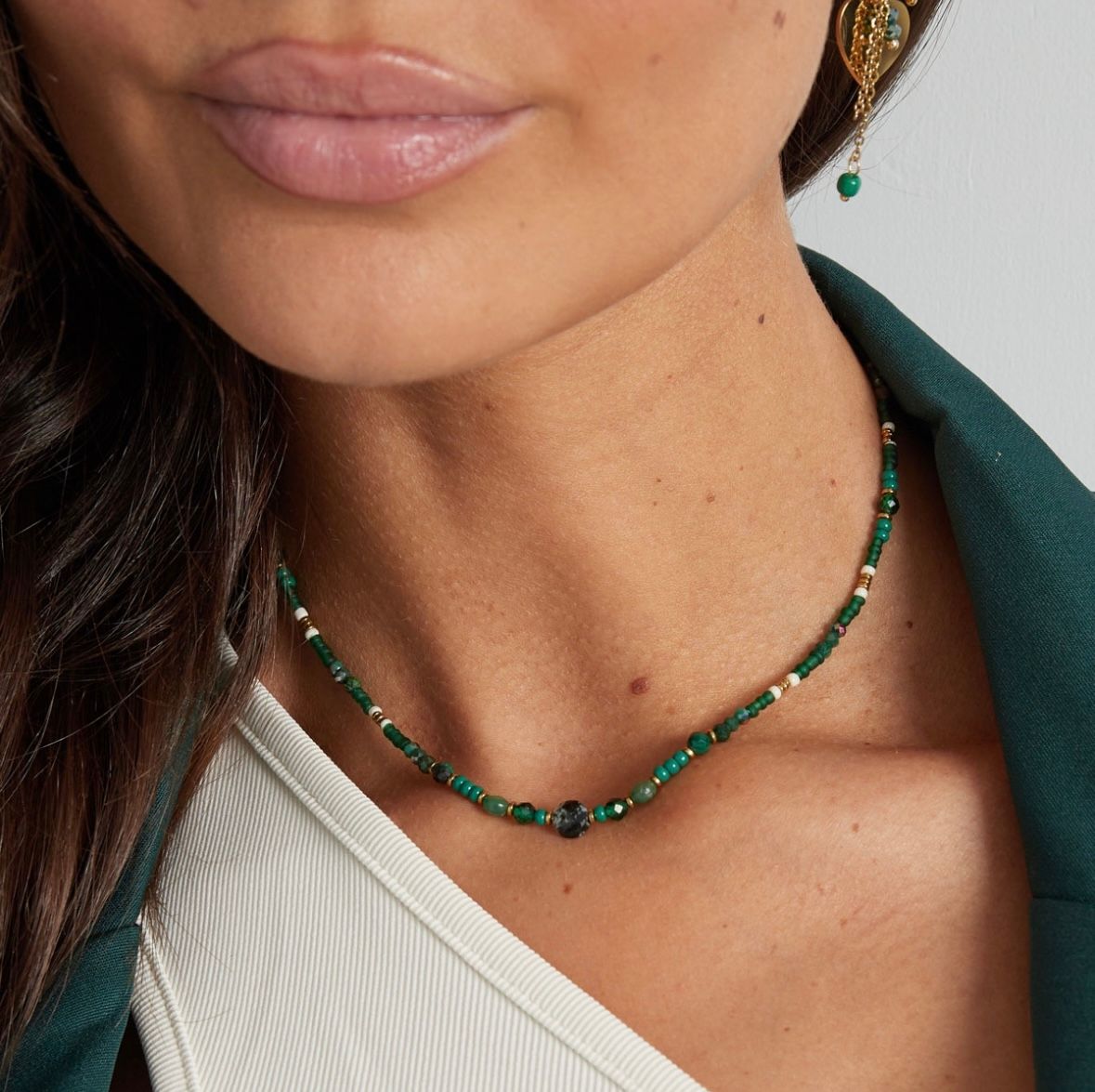Ketting | Green &amp; Gold | Steen, Glas, Hematiet &amp; Kristal | Stainless Steel