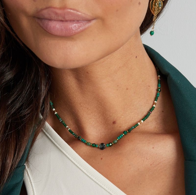 Ketting | Green &amp; Gold | Steen, Glas, Hematiet &amp; Kristal | Stainless Steel