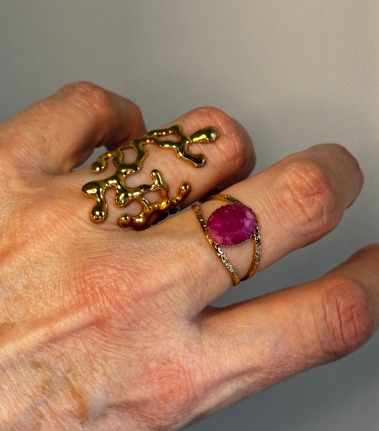 Ring | Natuursteen | Fuchisa | Goud | One Size | Stainless steel
