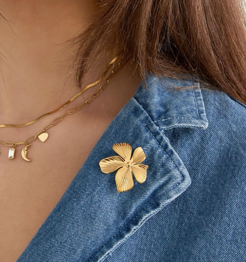 Broche | Grote Bloem | Stainless steel | Goud
