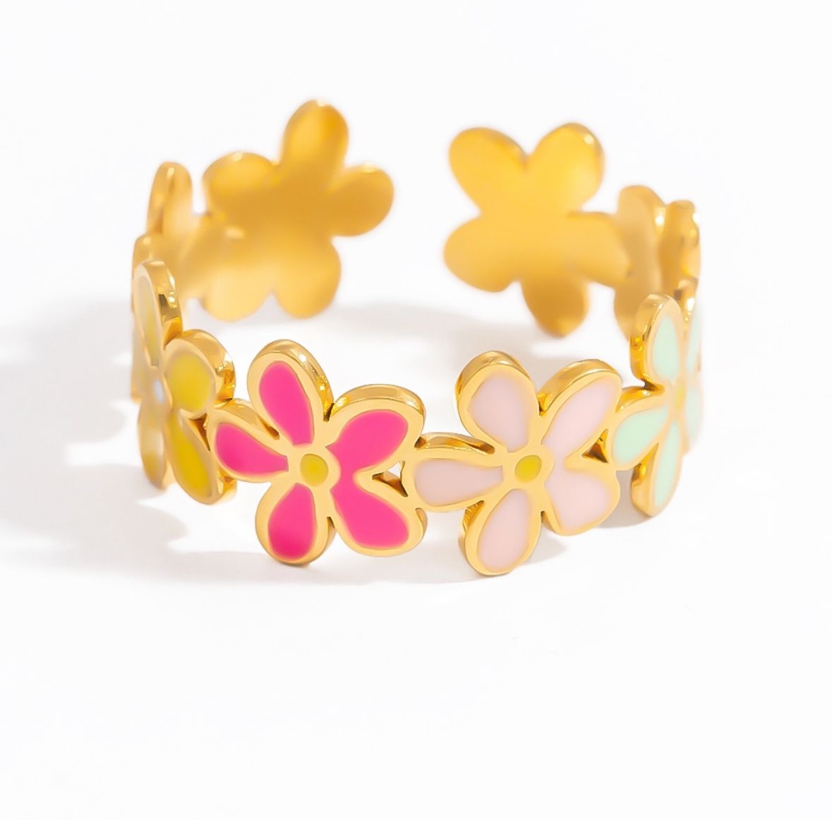 Kleurrijke ring | Bloem | Roze multi | Stainless steel