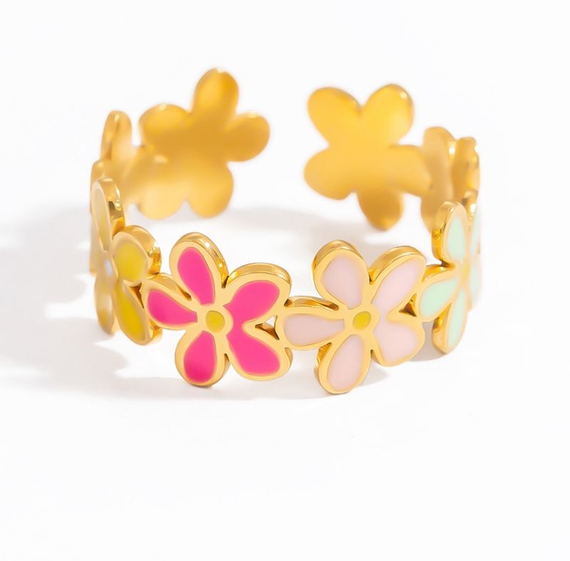 Kleurrijke ring | Bloem | Roze multi | Stainless steel