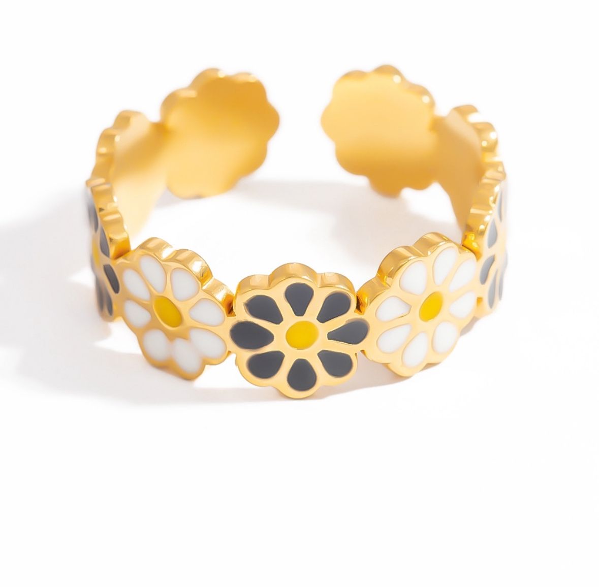 Kleurrijke ring | Madelief | Wit &amp; Zwart | Stainless steel