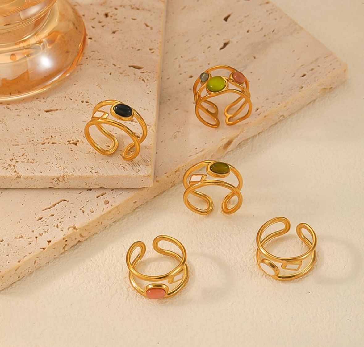 Ring |  Natuursteen | Groen | Goud | Stainless steel