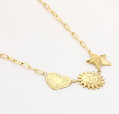 Maxi bedelketting stainless steel zon ster en hart