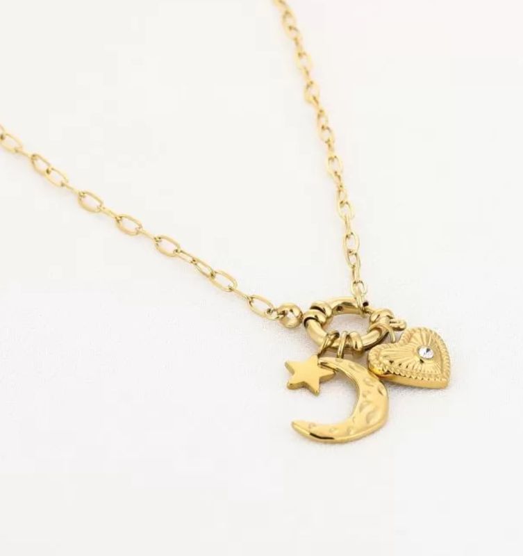 Gouden bedelketting met hart en maan roestvrijstaal