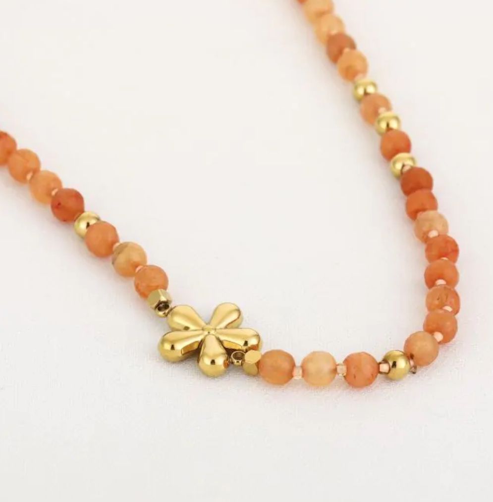 Ketting | Golden Bloom | Orange &amp; Goud | Natuursteen