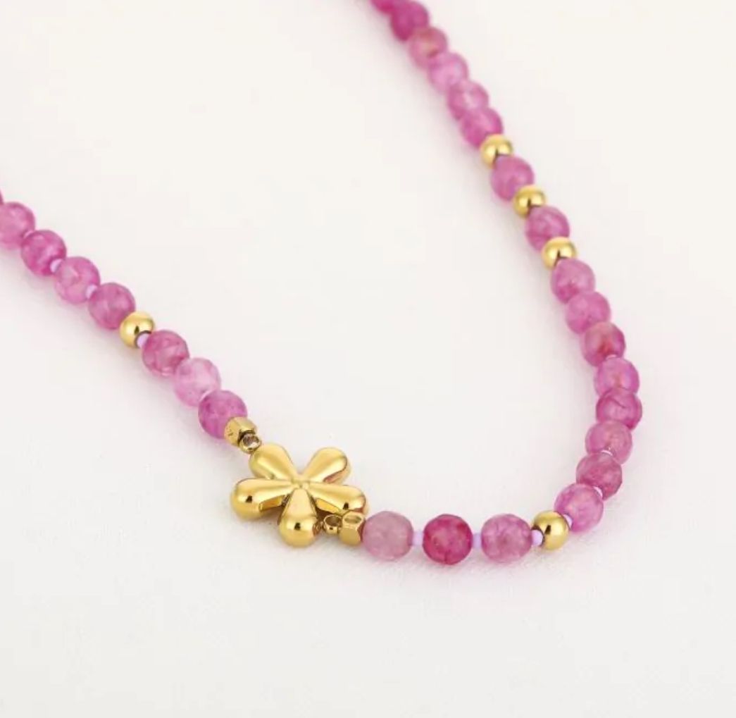 Ketting | Golden Bloom | Fushia &amp; Goud | Natuursteen
