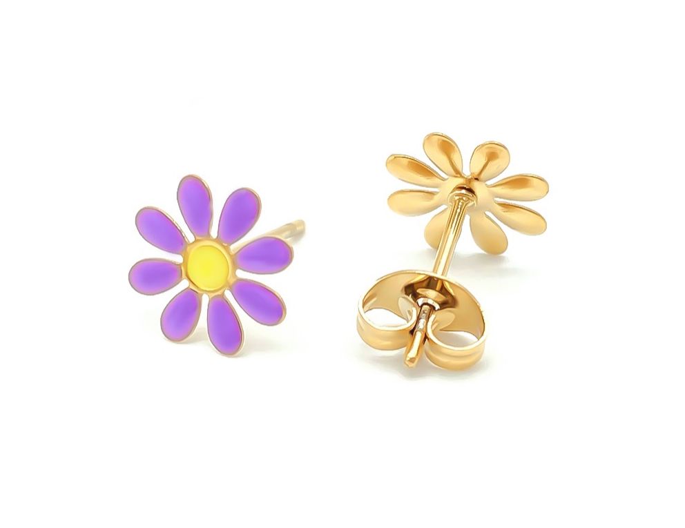 Studs | Flower | Lila &amp; Goud | Stainless steel